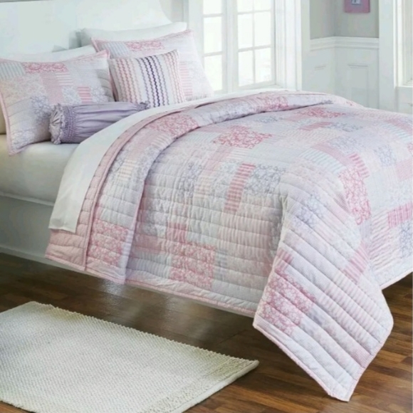 3 Pc SERENDIPITY KIDS Hayley Reversible Patch Work Quilt, Pink Purple White Full